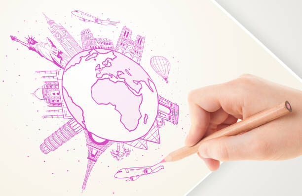 istock Hand drawing vacation trip around the earth with landmarks and cities 1190824169