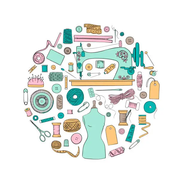 Vector illustration of Sewing set in bauble shape. Threads, pins, needles, patch, zipper. For wrapping, tailor shop,