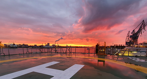 shipyard panoramic view of a sunset