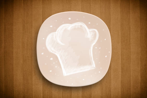 Colorful plate with hand drawn white chef symbol on grungy background
