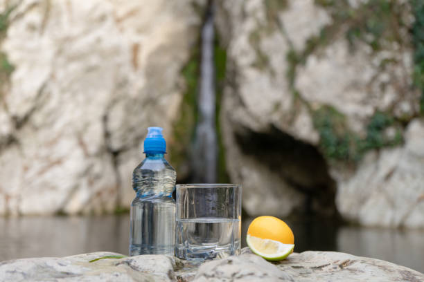 istock Image of mineral natural drinking water from a biodegradable blue plastic bottle with sport-lock lid in front of a mountain stream in the Alps. Glass of clean water with lemon or lime 1190825767