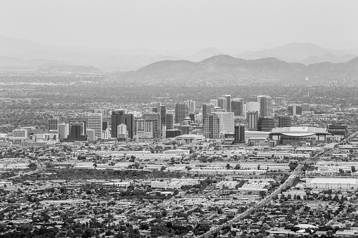 Phoenix, Arizona, USA - May 25, 2019: Phoenix with surrounding area and downtown in the center.