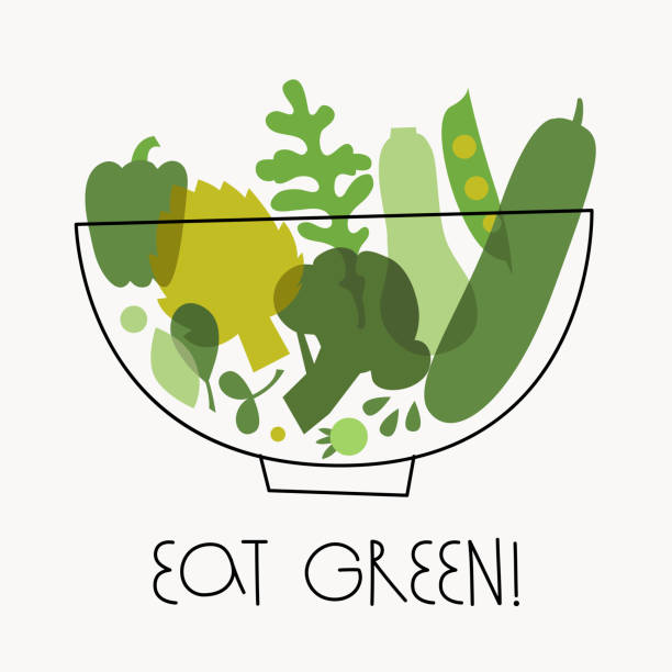 手描きの緑の野菜とレタリングテキストと健康的な食品のポスターやバナー。緑を食べなさい。 - healthy eating healthy lifestyle salad vegetable点のイラスト素材／クリップアート素材／マンガ素材／アイコン素材