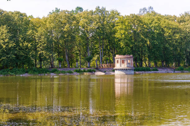 istock an old abandoned structure on a pond, turret with a shutter on a forest pond 1190827986