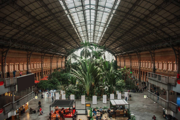 Madrid Atocha, one of Spain's busiest train stations, is not only a transportation hub but also boasts its own stunning botanical garden. Passengers and visitors can enjoy the greenery and beauty of this unique railway station, offering a delightful blend of nature and urban life.Madrid, Atocha, Train Station, Botanical Garden, Transportation, Greenery, Urban, Nature, Spain.