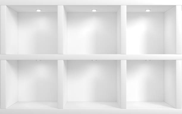 Wall of store with shelves 3D illustration. Modern wardrobe or empty shelves with niches in a minimalist style . Interior white room of the store. The furniture and lighting. Background for banner niche photos stock pictures, royalty-free photos & images