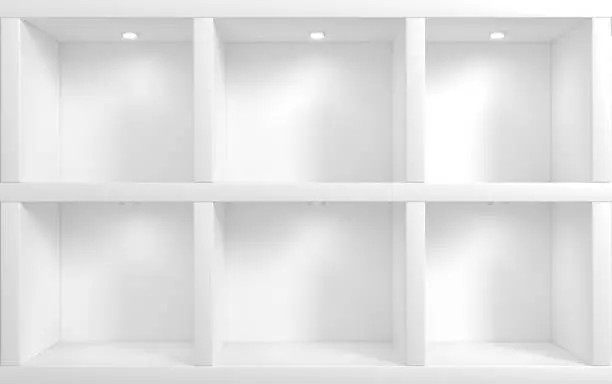 3D illustration. Modern wardrobe or empty shelves with niches in a minimalist style . Interior white room of the store. The furniture and lighting. Background for banner
