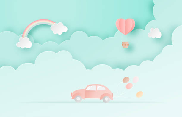 illustrazioni stock, clip art, cartoni animati e icone di tendenza di illustrazione dell'amore. concetto di san valentino. viaggio in luna di miele. auto fatta di arte della carta, nuvole e arcobaleno come sfondo. - love transportation cloud cloudscape