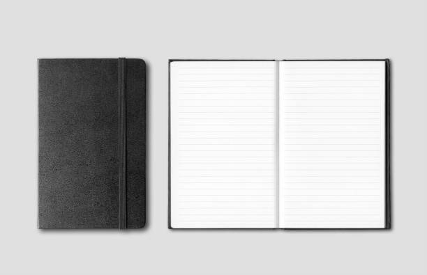 Black closed and open notebooks isolated on grey Black closed and open notebooks mockup isolated on grey moleskin stock pictures, royalty-free photos & images