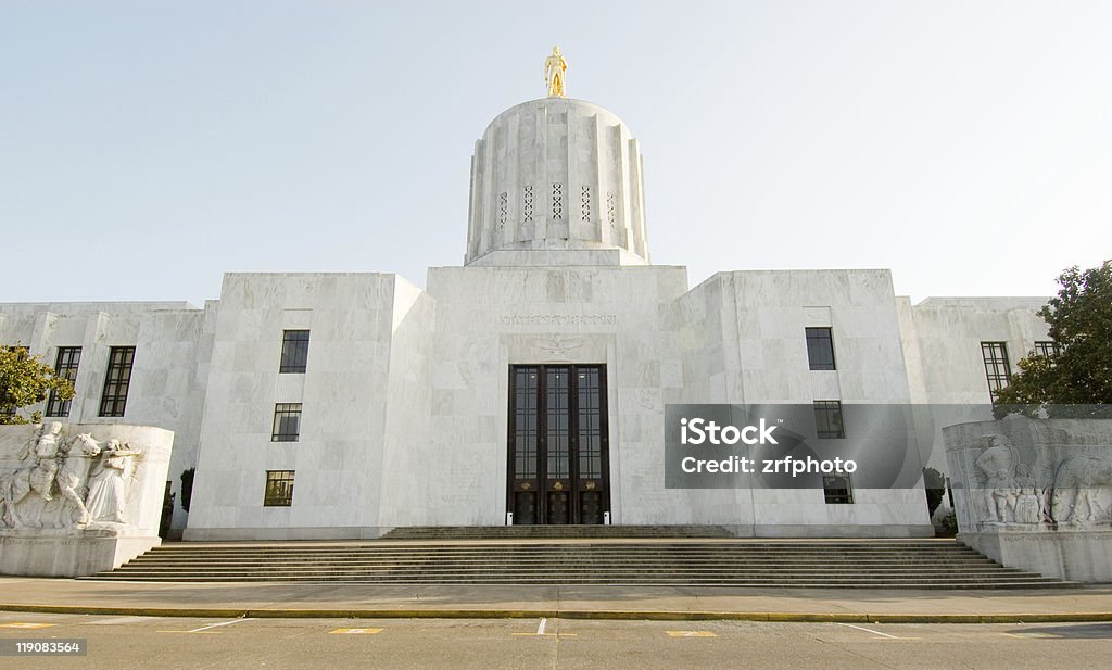 Front of white stone Capitol building in Salem, Oregon  Oregon State Capitol building Oregon State Capitol Stock Photo