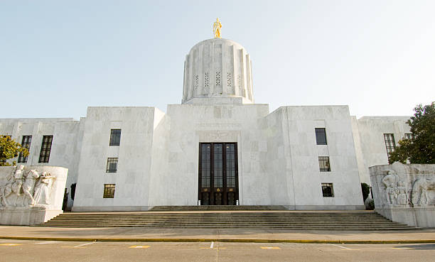 Front of white stone Capitol building in Salem, Oregon  stock photo