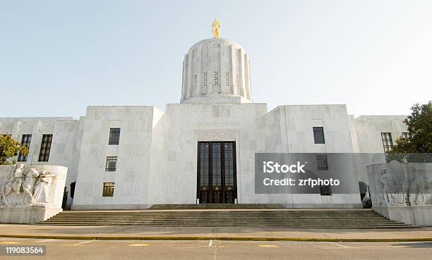 Front Of White Stone Capitol Building In Salem Oregon Stock Photo - Download Image Now