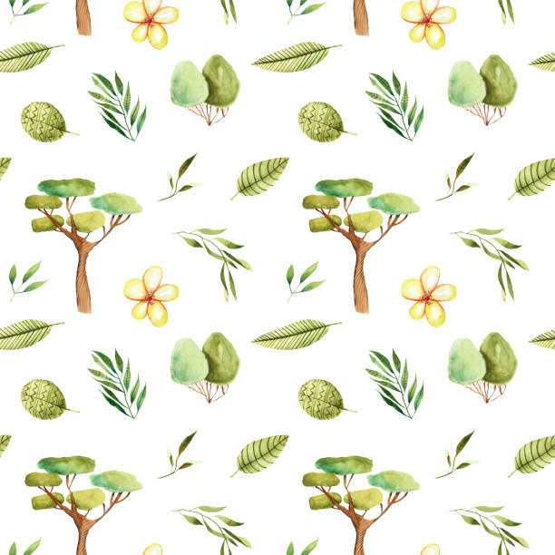 Watercolor tropical trees and floral elements seamless pattern, hand painted on a white background Watercolor tropical trees and floral elements seamless pattern, hand painted on a white background baobab flower stock illustrations