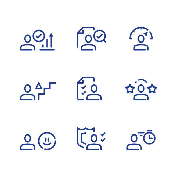 ilustraciones, imágenes clip art, dibujos animados e iconos de stock de evaluación del rendimiento, concepto kpi, crecimiento personal, desarrollo de habilidades - evaluación del desempeño