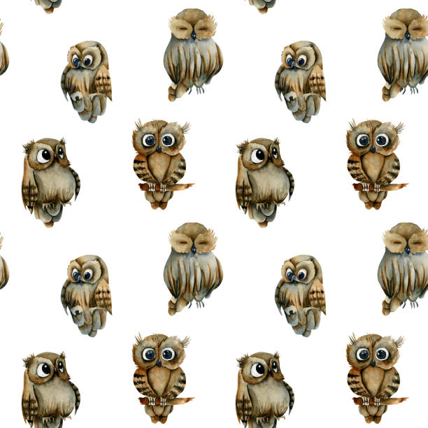 istock Seamless pattern of watercolor cute owls, hand drawn on a white background 1190837557