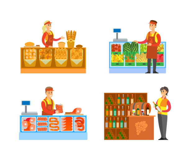 supermarktgeschäfte metzgereien und obst vektor - supermarket meat store manager stock-grafiken, -clipart, -cartoons und -symbole