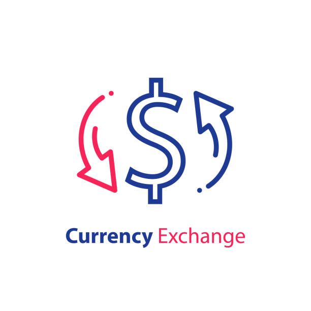 Currency exchange, dollar sign and circle arrow, fast loan, financial solution Currency exchange, dollar sign and circle arrow, fast loan, financial solution, money remittance, vector line icon exchange rate stock illustrations