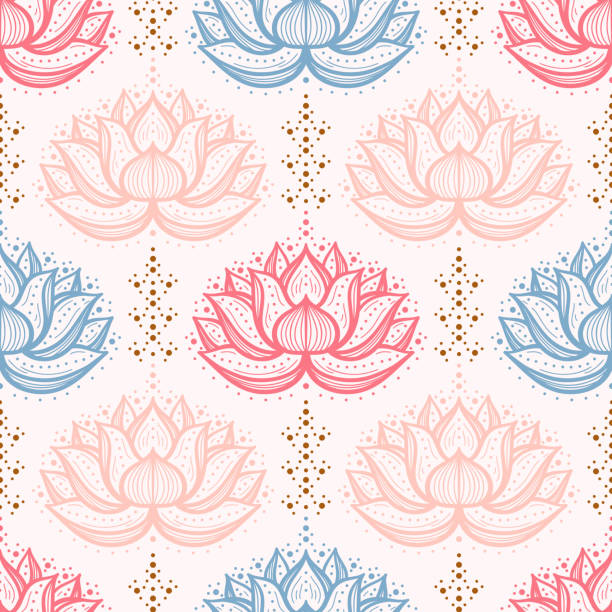 ilustraciones, imágenes clip art, dibujos animados e iconos de stock de etnico oriental mehndi lotus flower seamless pattern. patrón floral ornamental colores pastel vintage fondo - lotus