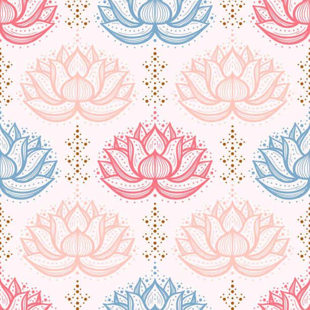 illustrazioni stock, clip art, cartoni animati e icone di tendenza di modello senza cuciture di fiore di loto mehndi orientale etnico. ornamental floreale motivo pastello colori sfondo vintage - lotus