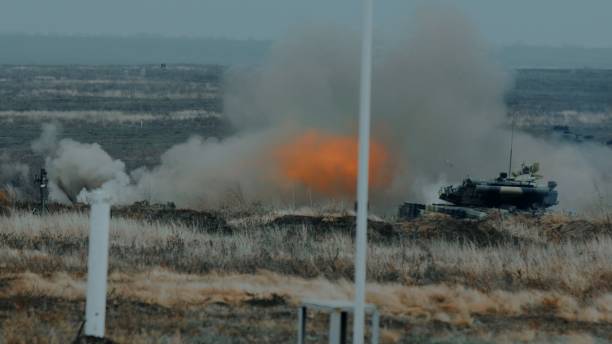 istock Artillery tank shoots in the steppe 1190841045