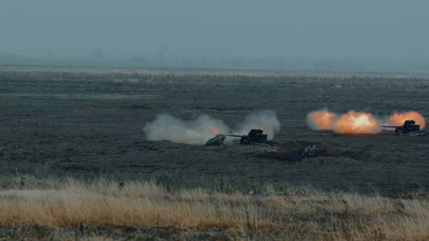 istock Artillery firing from a two cannon 1190841246