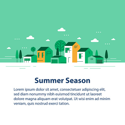 Summer season in small town, tiny village view, row of residential houses, beautiful green neighborhood, real estate development, vector flat design illustration