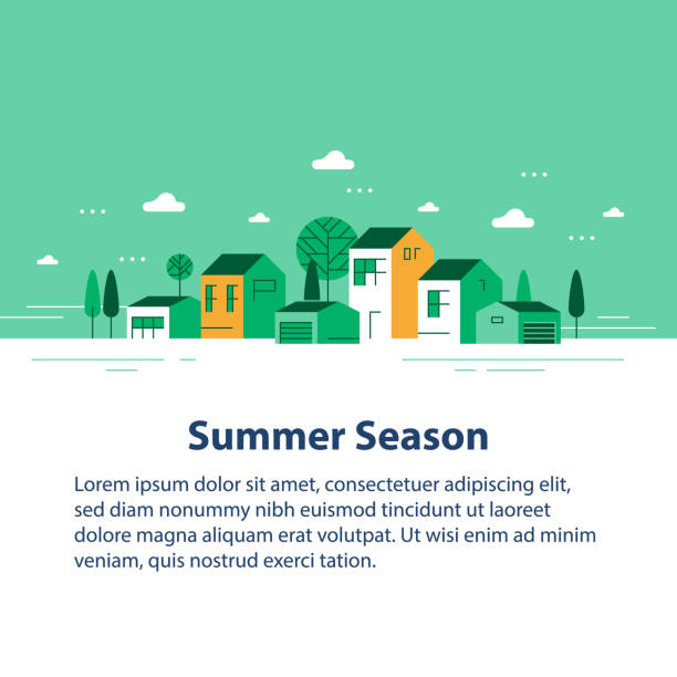 Summer season in small town, tiny village view, row of residential houses, beautiful green neighborhood Summer season in small town, tiny village view, row of residential houses, beautiful green neighborhood, real estate development, vector flat design illustration close to illustrations stock illustrations