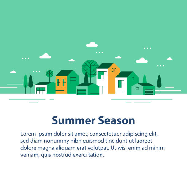 Summer season in small town, tiny village view, row of residential houses, beautiful green neighborhood Summer season in small town, tiny village view, row of residential houses, beautiful green neighborhood, real estate development, vector flat design illustration russia city spring stock illustrations