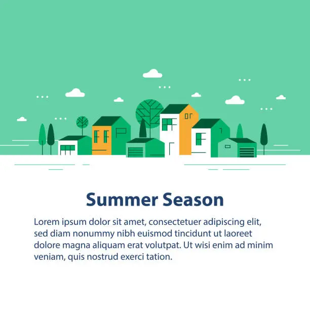 Vector illustration of Summer season in small town, tiny village view, row of residential houses, beautiful green neighborhood