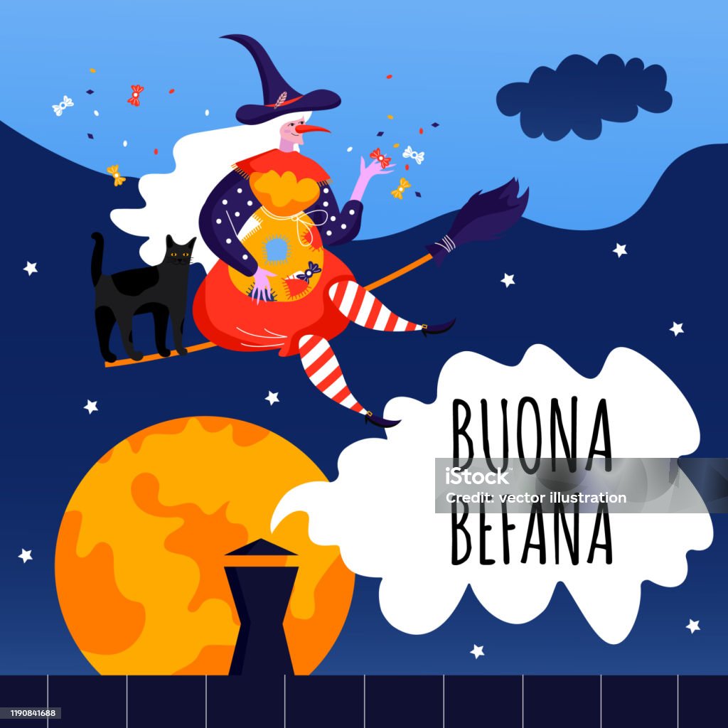 Greeting Card With Text Buona Befana Cute Witch And Cat For Happy Epiphany  Day Stock Illustration - Download Image Now - iStock