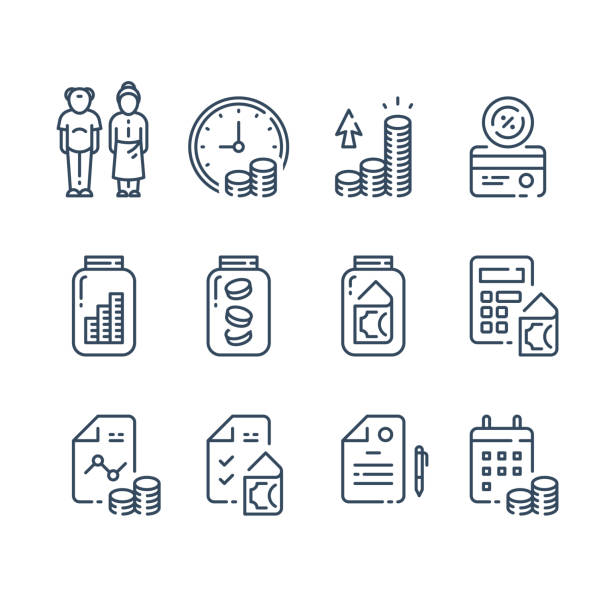 Pension fund management, savings account, superannuation payment, retirement plan, future income Pension fund management, savings account, superannuation payment, retirement plan, future income, investment strategy, interest rate calculating, financial insurance, vector linear icon set coin outline stock illustrations