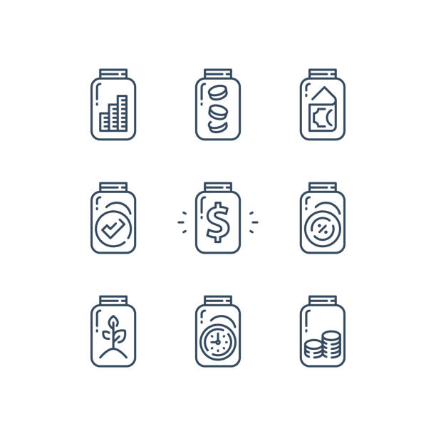 Pension fund, saving money for future, financial security, budget planning, glass jar and money Pension fund, saving money for future, financial security, budget planning, glass jar and money, coin stack, fundraising or donation concept, vector line icon set retirement planning advisor stock illustrations