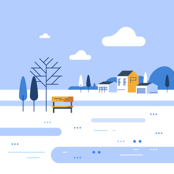 ウィンターパークシーン、川岸の小さなベンチ、美しい景色、住宅のグループ - snow winter bench park点のイラスト素材／クリップアート素材／マンガ素材／アイコン素材