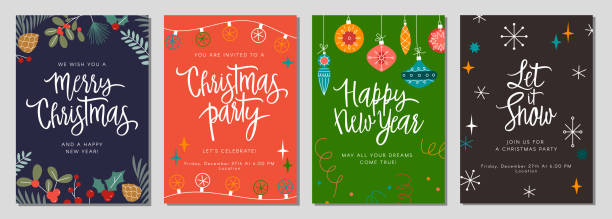 illustrazioni stock, clip art, cartoni animati e icone di tendenza di buono regalo di natale e set di inviti con scritte. elementi di design disegnati a mano. - greeting card