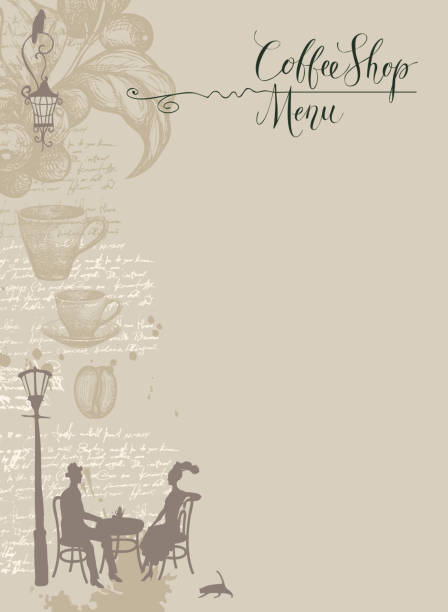 illustrazioni stock, clip art, cartoni animati e icone di tendenza di menu vector coffee shop con una coppia innamorata - cafe coffee shop sidewalk cafe menu