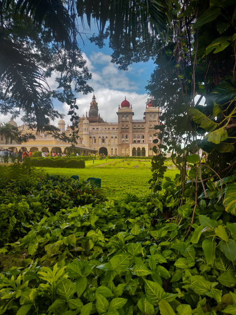 seitenansicht des mysore palace zwischen bäumen und büschen in mysore, indien. - mysore stock-fotos und bilder