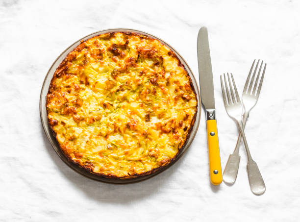 istock Leeks, potatoes, zucchini tortilla on a light background, top view. Delicious appetizer, tapas, breakfast 1190856217