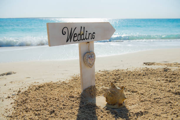istock Wedding sign on a tropical beach paradise 1190857024