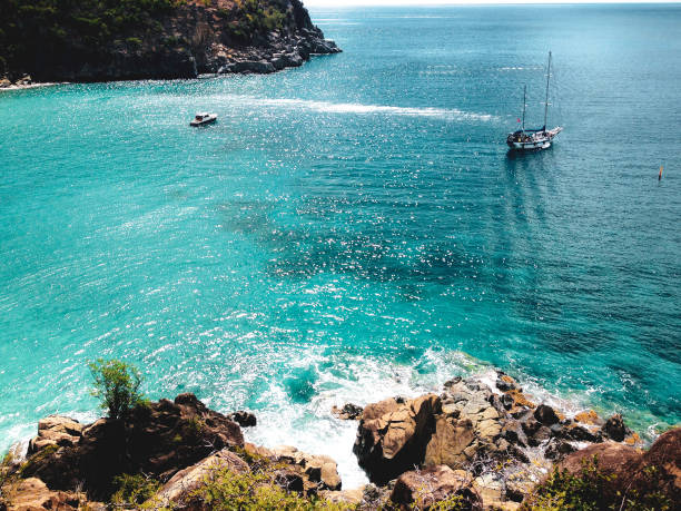 Crystal clear blue water in Saint Barth island in the Caribbean with boats sailing in sunny day