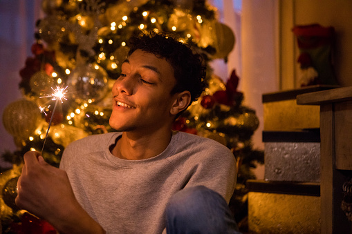 One beautiful Black mixed race young man celebrating a family Christmas at their warm decorated home