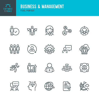 Business & Management - line vector icon set. 20 linear icon. Pixel perfect. Editable stroke. The set contains icons: People, Human Resources, Teamwork, Support, Resume, Choice, Growth, Manager, Wining, Learning, Communication, Focus Group.
