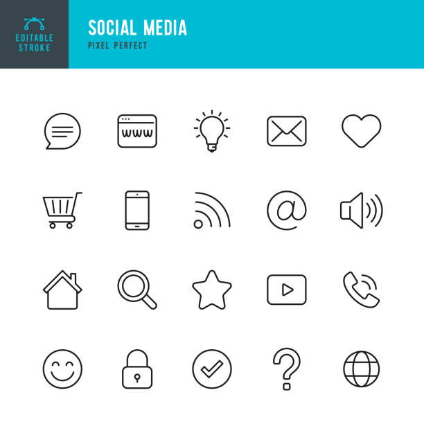 ソーシャルメディア - 細い線ベクトルアイコンセット。ピクセルパーフェクト。編集可能なストローク。セットは、アイコンショッピングカート、ホーム、チェックマーク、電子メール、グ� - internet phone点のイラスト素材／クリップアート素材／マンガ素材／アイコン素材