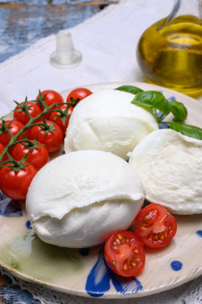 istock Cheese collection, organic mozzarella soft cheese served with ripe tomato and fresh green basil 1190860895