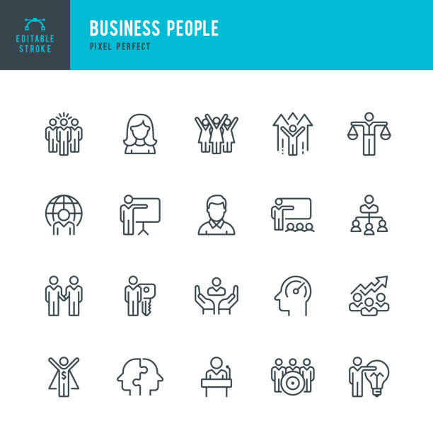 Business People - thin linear vector icon set. Pixel perfect. Editable stroke. Pixel perfect. The set contains icons: People, Teamwork, Partnership, Presentation, Leadership, Growth, Manager. Business People - thin linear vector icon set. 20 linear icon. Editable stroke. Pixel perfect. The set contains icons: People, Teamwork, Partnership, Presentation, Leadership, Growth, Manager, Wining, Efficiency and so on. man presentation stock illustrations