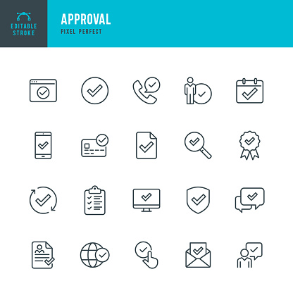 Approval - thin linear vector icon set. 20 linear icon. Pixel perfect. Editable stroke. The set contains icons: Approved, Date Approved, Protected, Check Mark, Certificate, Agreement update.