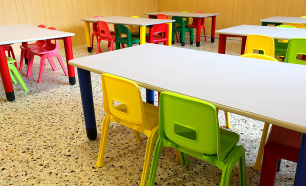 istock colorful plastic chairs and small tables in the nursery 1190865533