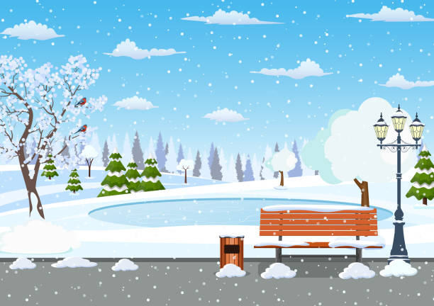 冬の日の公園のシーン。 - snow winter bench park点のイラスト素材／クリップアート素材／マンガ素材／アイコン素材