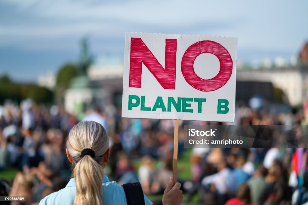 there is no plante b, climate change protest rear view woman at climate change protest fridays for future holding no planet b sign in front of big crowd at demonstration, shallow focus, background blurred Climate Change Stock Photo