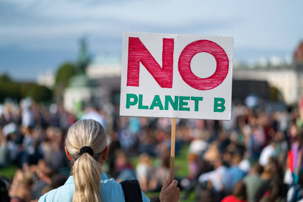there is no plante b, climate change protest rear view woman at climate change protest fridays for future holding no planet b sign in front of big crowd at demonstration, shallow focus, background blurred protestor stock pictures, royalty-free photos & images