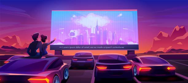Couple at car cinema, dating in drive-in theater Couple at car cinema. Romantic dating in drive-in theater with automobiles stand in open air parking at night. Man and woman sitting on auto roof watching thriller movie. Cartoon vector illustration movie-theater-exterior stock illustrations